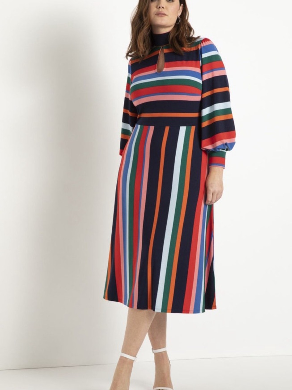 Eloquii Multi-Stripe Midi Dress with Keyhole Neck and Tie-back